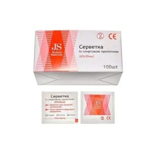 Серветки спиртові JS медичні 30 мм х 65 мм, 100 штук